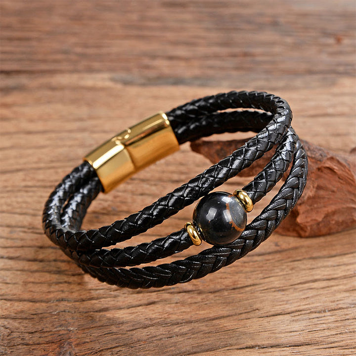 Buddha Stonesマルチカラービーズ アメジスト ラズライト 六芒星 編み込み レザー バランスブレスレット - ブラック・リウリ - 18～22cm - image 5