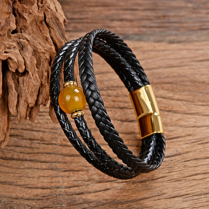 Buddha Stonesマルチカラービーズ アメジスト ラズライト 六芒星 編み込み レザー バランスブレスレット - イエローアゲート - 18～22cm - image 25