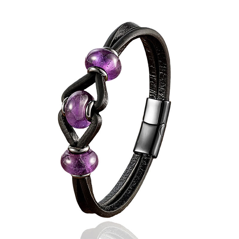 Buddha Stonesアメジスト クリスタルストーン ダブルレザー ストレス解消 ラウンドブレスレット - image 1