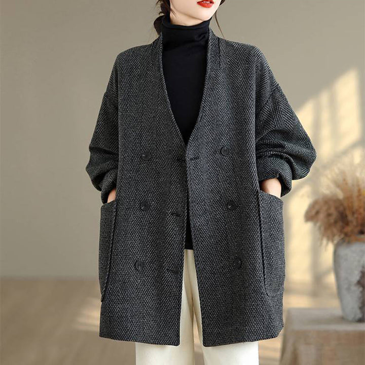 Buddha StonesストライプVネックコットンロングスリーブレディースコート（ポケット付き） - image 1