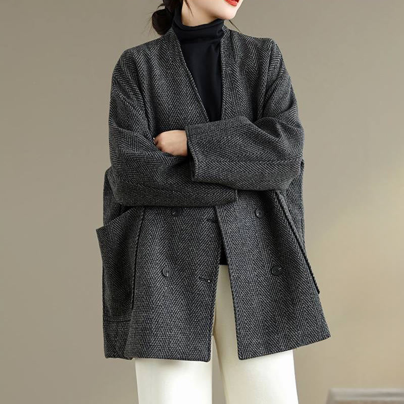 Buddha StonesストライプVネックコットンロングスリーブレディースコート（ポケット付き） - image 3