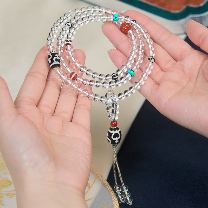 Buddha Stones108 ビーズ Liuli クリスタル Dzi ビーズ瑪瑙祝福タッセルマーラー数珠 - image 3