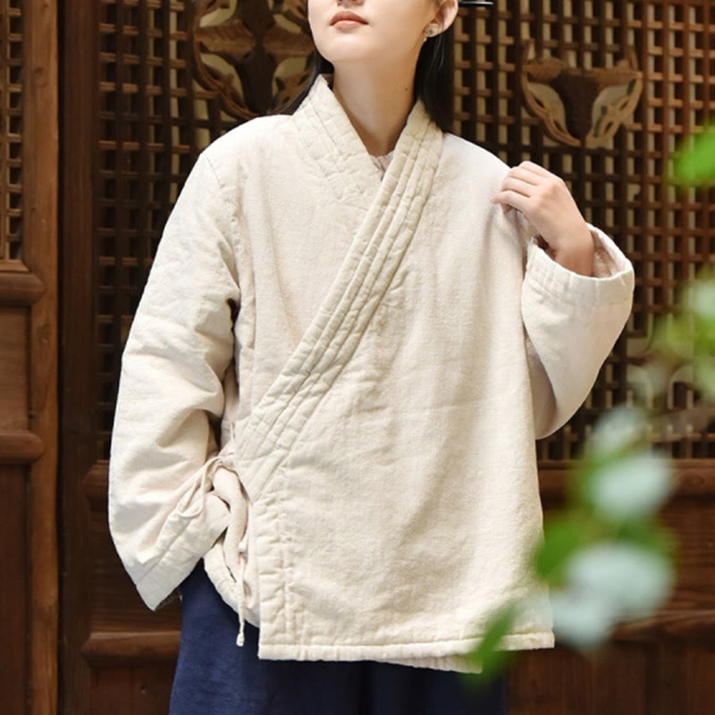 Buddha Stones斜め襟 無地 長袖 厚手コットン レディース ジャケット  - image 2