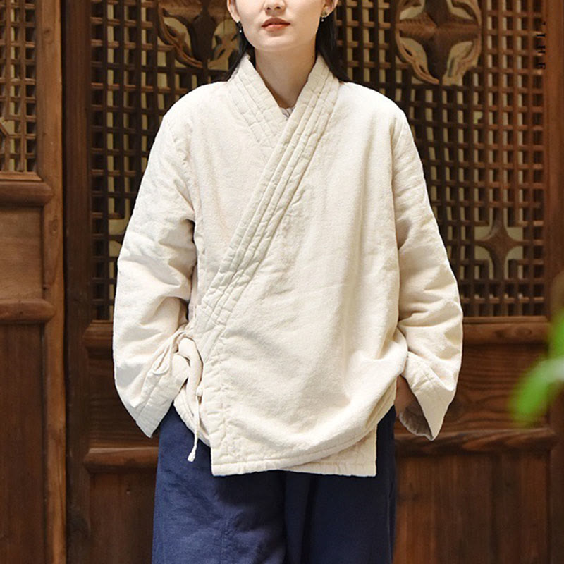 Buddha Stones斜め襟 無地 長袖 厚手コットン レディース ジャケット  - image 1