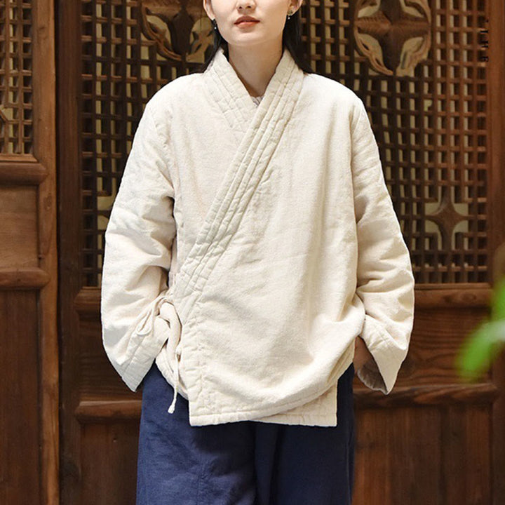 Buddha Stones斜め襟 無地 長袖 厚手コットン レディース ジャケット  - image 1