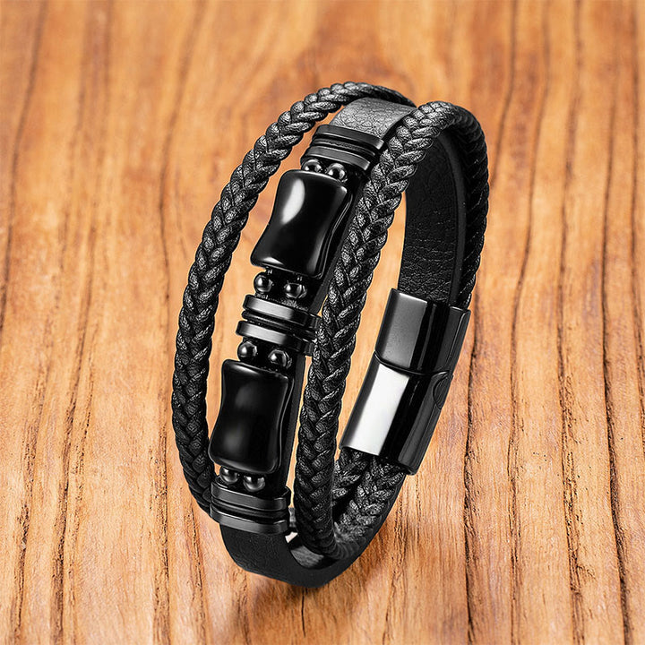 Buddha Stonesグリーンアベンチュリン アメジスト ブラックオニキス ピンククリスタル ポジティブさ 編み込みレザーブレスレット - ブラックオニキス - 18～22cm - image 6