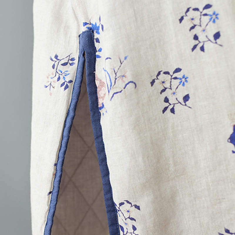 Buddha Stones、斜め襟、カエルボタン、花瓶、植物柄、長袖、クルーネック、コットン、ミディドレス - image 5