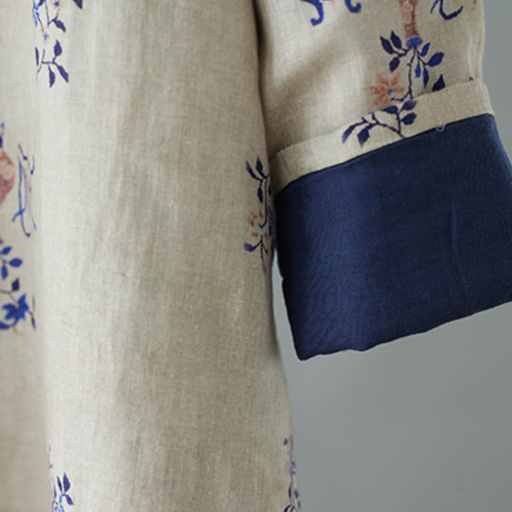 Buddha Stones、斜め襟、カエルボタン、花瓶、植物柄、長袖、クルーネック、コットン、ミディドレス - image 3