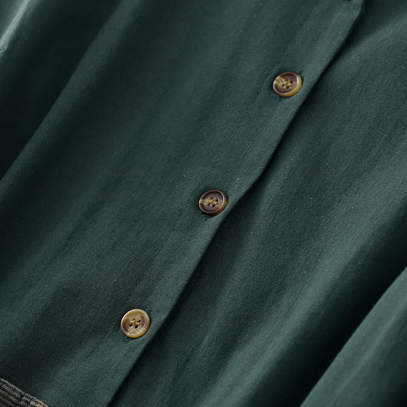 Buddha Stonesラペル カラーブロッキング デザイン ロングスリーブ コットン ミディドレス ポケット付き - image 4