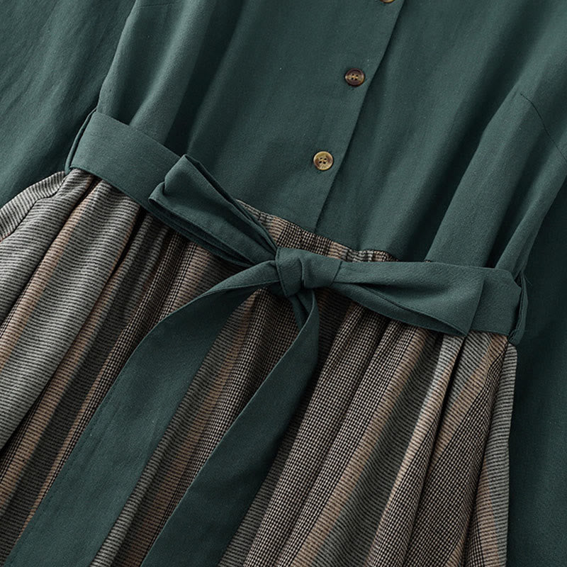 Buddha Stonesラペル カラーブロッキング デザイン ロングスリーブ コットン ミディドレス ポケット付き - image 2