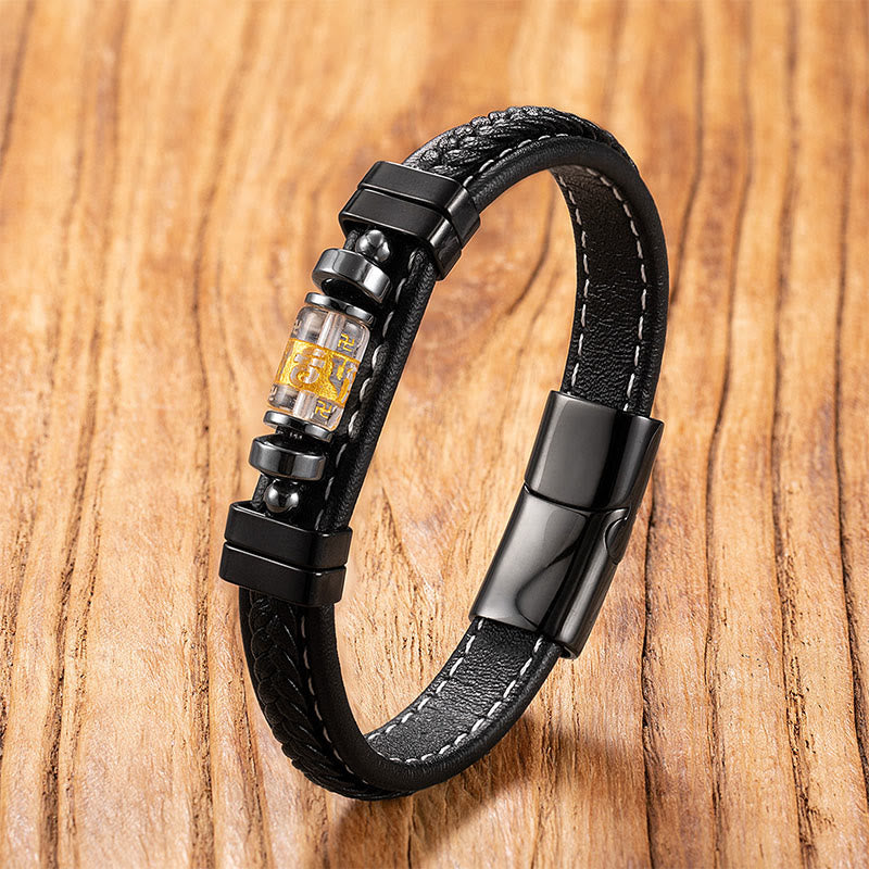 Buddha Stonesオーム・マニ・パドメ・フムドラゴンシンボル ブラックオニキス レザー チタンスチール バランス守護ブレスレット - 白琉璃マントラ - 18～22cm - image 5