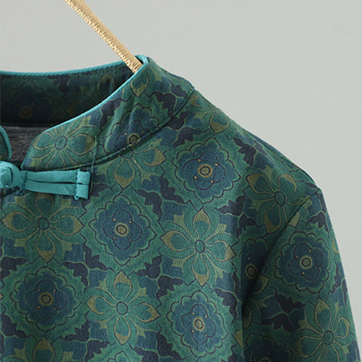 Buddha Stonesスタンドカラーフロッグボタンフラワー柄ロングスリーブコットンミディドレス - image 5