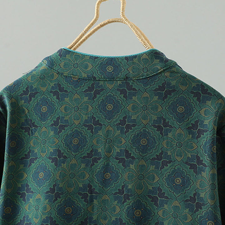 Buddha Stonesスタンドカラーフロッグボタンフラワー柄ロングスリーブコットンミディドレス - image 2