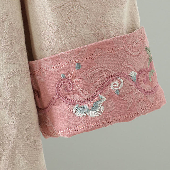 Buddha Stonesスタンドカラーフロッグボタンフラワーパターン刺繍デザインロングスリーブコットンミディドレス - image 5