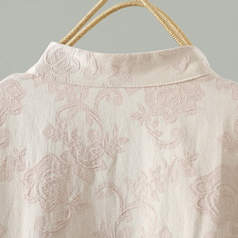 Buddha Stonesスタンドカラーフロッグボタンフラワーパターン刺繍デザインロングスリーブコットンミディドレス - image 6