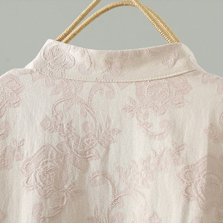 Buddha Stonesスタンドカラーフロッグボタンフラワーパターン刺繍デザインロングスリーブコットンミディドレス - image 6