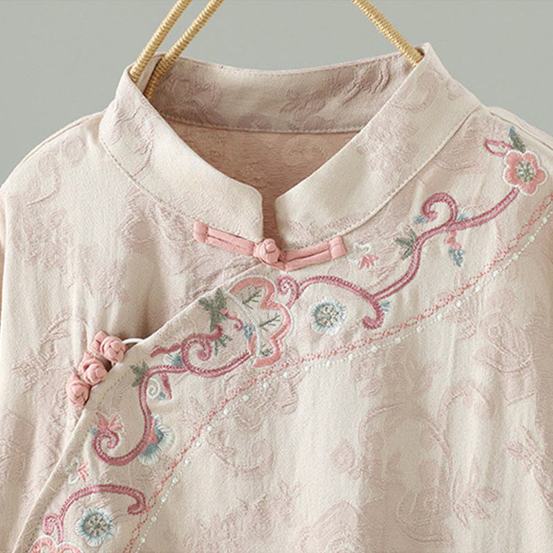 Buddha Stonesスタンドカラーフロッグボタンフラワーパターン刺繍デザインロングスリーブコットンミディドレス - image 2