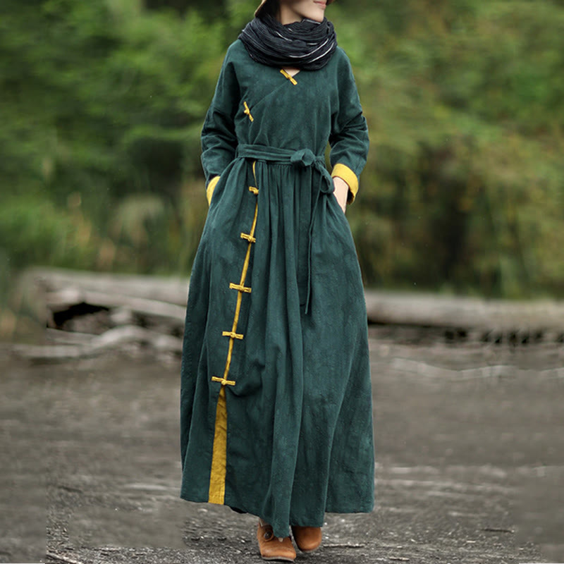 Buddha Stonesフロッグボタン 無地 Vネック ロングスリーブ コットン ミディドレス ポケット付き - image 3