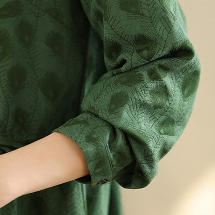 Buddha Stonesリーフ柄スタンドカラーロングスリーブコットンミディドレス（ポケット付き） - image 6