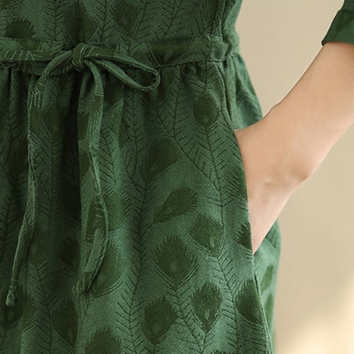 Buddha Stonesリーフ柄スタンドカラーロングスリーブコットンミディドレス（ポケット付き） - image 8