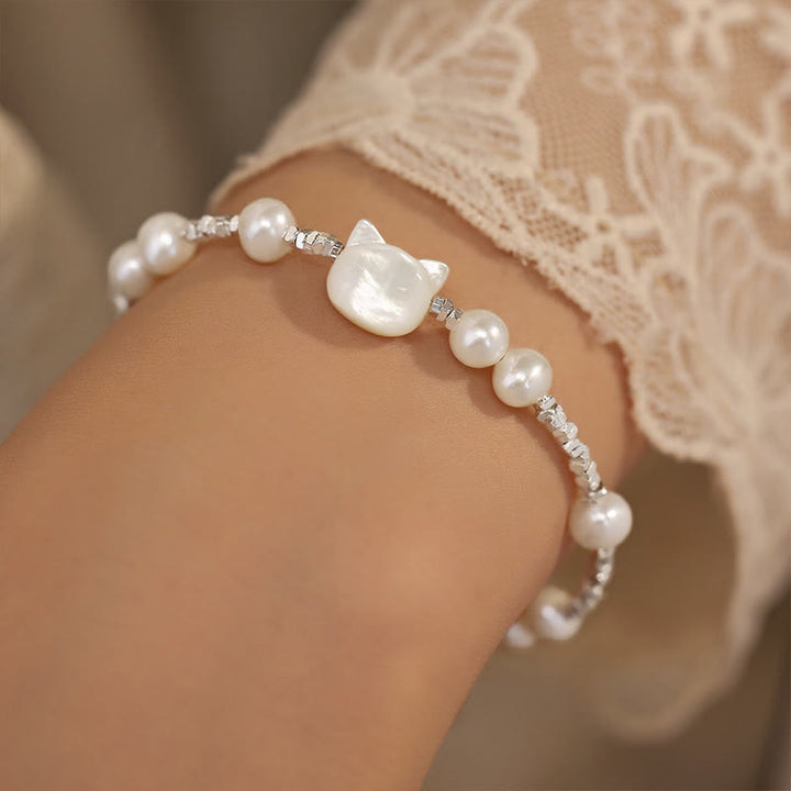 Buddha Stonesパールキャットヘッドシャコガイストーンシルバーチェーンヒーリングブレスレット - image 2