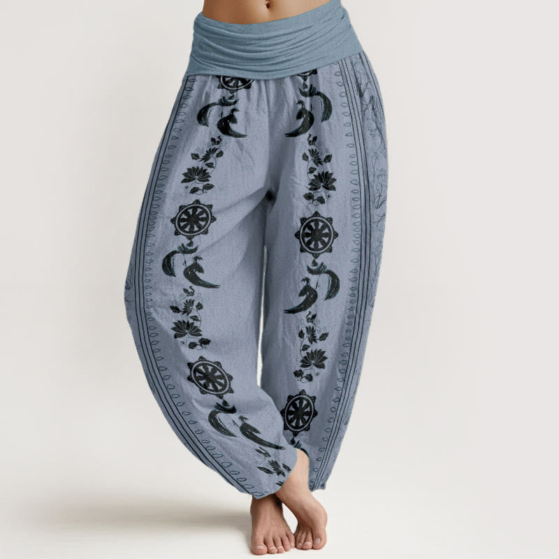 Buddha Stones純綿 ダルマホイール 蓮 OM柄 レディース 伸縮性ウエスト ハーレムパンツ - ライトスチールブルー - US22、 UK/AU26、 EU54 (6XL) - image 0