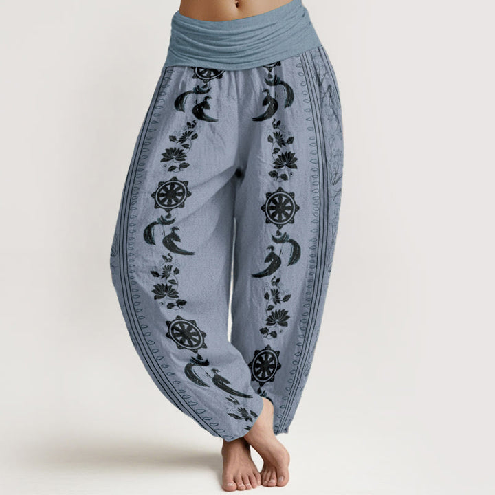 Buddha Stones純綿 ダルマホイール 蓮 OM柄 レディース 伸縮性ウエスト ハーレムパンツ - ライトスチールブルー - US22、 UK/AU26、 EU54 (6XL) - image 0