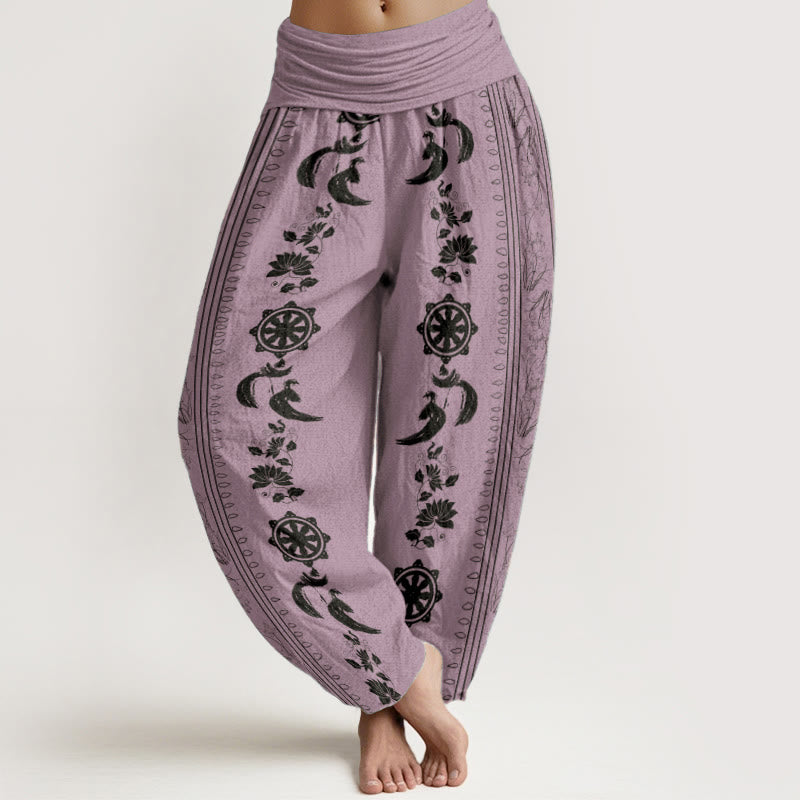 Buddha Stones純綿 ダルマホイール 蓮 OM柄 レディース 伸縮性ウエスト ハーレムパンツ - バイオレット - US22、 UK/AU26、 EU54 (6XL) - image 8