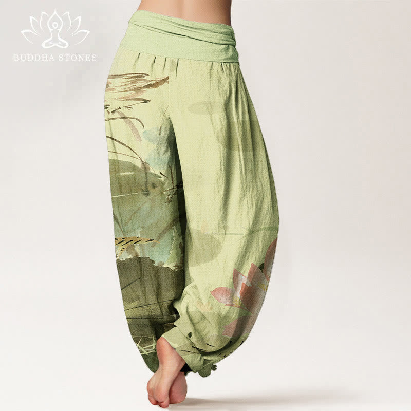 Buddha Stonesコットンピンク蓮の葉鳥柄レディース伸縮性ウエストハーレムパンツ - image 1