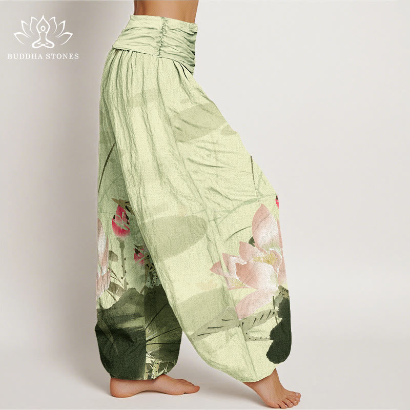 Buddha Stonesコットンピンク蓮の葉鳥柄レディース伸縮性ウエストハーレムパンツ - image 2