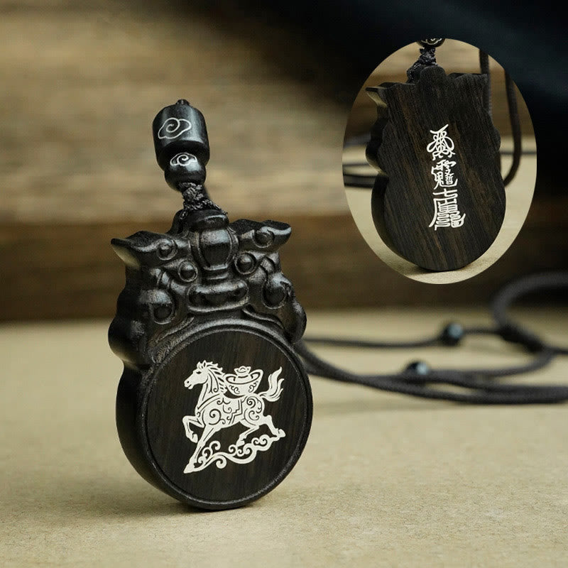 Buddha Stones午年福文字黒檀木製 天秤 ネックレス ペンダント - image 1