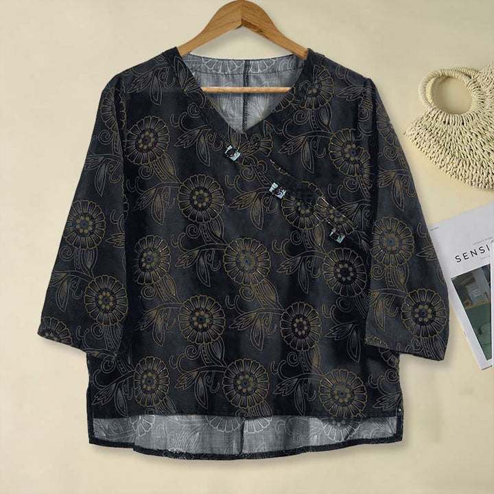 Buddha Stones春 Vネック プリント 花柄 レディース 長袖シャツ - 黒 - US8-10，UK/AU12-14，EU40-42 (2XL) - image 11