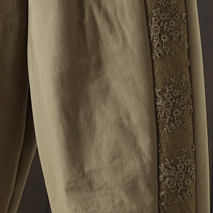 Buddha Stonesの花柄コットンポリエステル刺繍入り厚手レディースパンツ（ポケット付き） - image 12