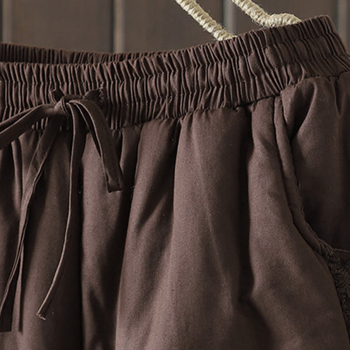 Buddha Stonesの花柄コットンポリエステル刺繍入り厚手レディースパンツ（ポケット付き） - image 3