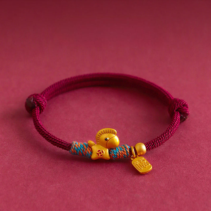 Buddha Stones999スターリングシルバー 馬年福キャラクターチャーム 編み紐 信仰ブレスレット - レッドロープゴールドホース（手首周り：15～18cm） - image 2