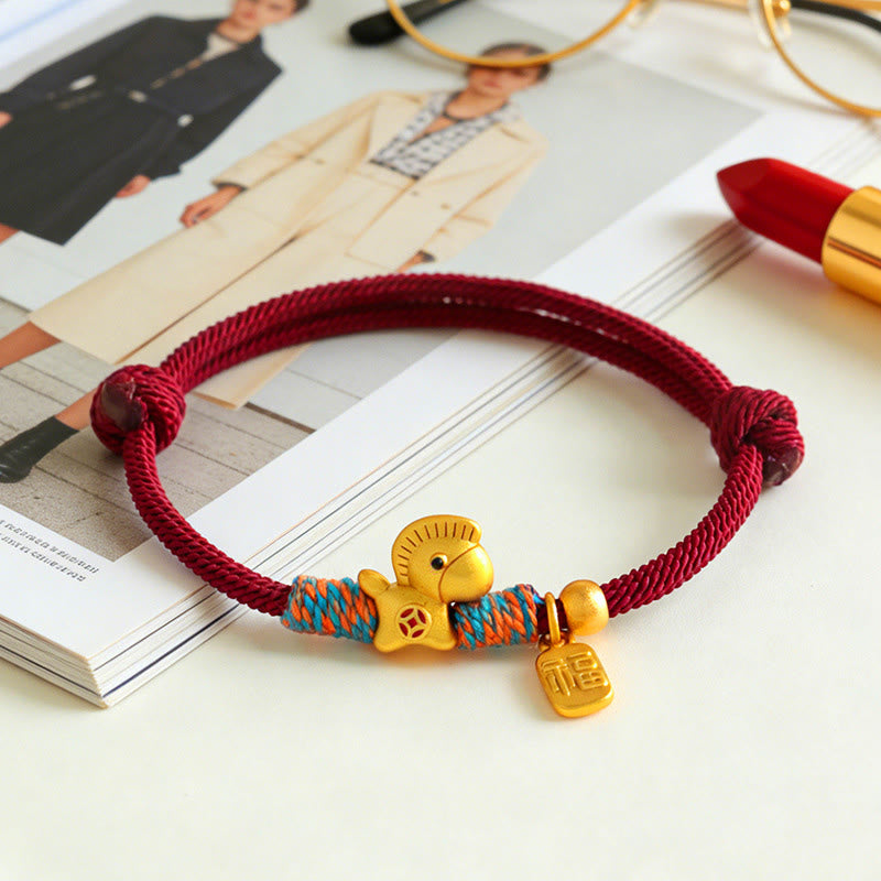 Buddha Stones999スターリングシルバー 馬年福キャラクターチャーム 編み紐 信仰ブレスレット - image 1
