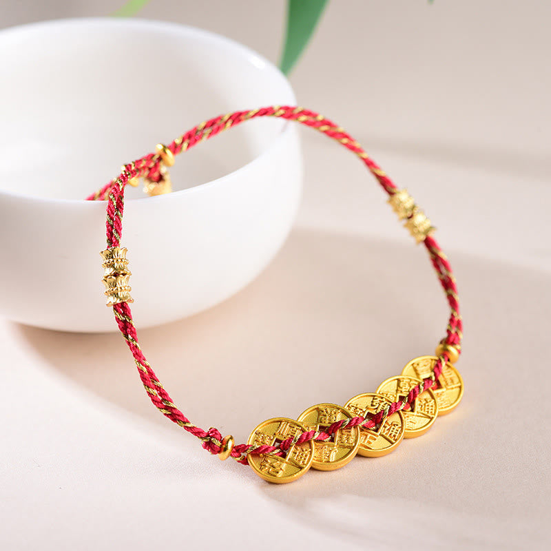 Buddha Stones五帝銭銅天秤手編み紐ブレスレット  - image 1