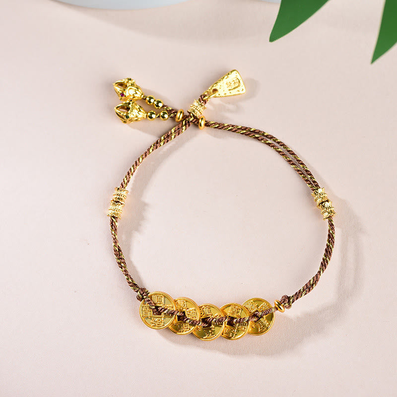 Buddha Stones五帝銭銅天秤手編み紐ブレスレット  - 茶色の五帝銭（手首周り：16～19cm） - image 16