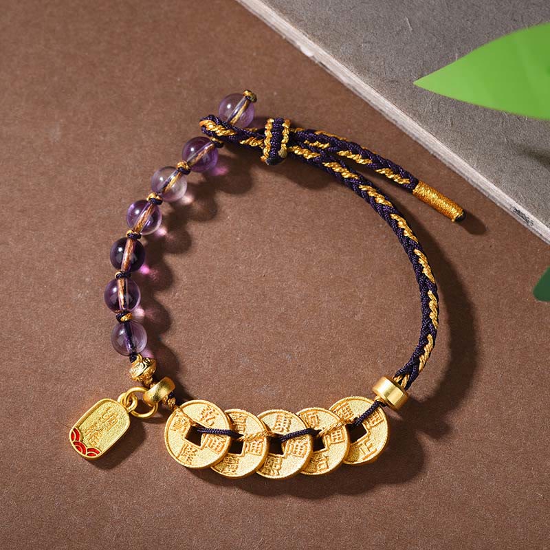 Buddha Stones五帝銭 銅 アメジスト 辰砂 黒赤紐バランス幸運繁栄引き寄せ ブレスレット - 銅アメジストブラックロープ（手首周り：16～19cm） - image 0