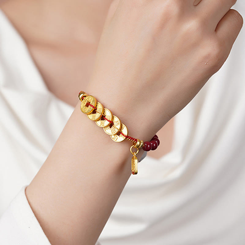 Buddha Stones五帝銭 銅 アメジスト 辰砂 黒赤紐バランス幸運繁栄引き寄せ ブレスレット - image 3