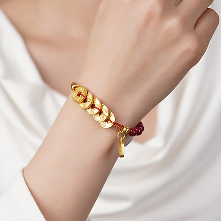 Buddha Stones五帝銭 銅 アメジスト 辰砂 黒赤紐バランス幸運繁栄引き寄せ ブレスレット - image 3