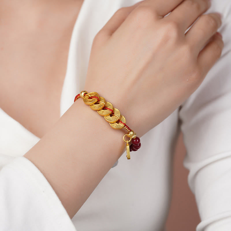 Buddha Stones五帝銭 銅 アメジスト 辰砂 黒赤紐バランス幸運繁栄引き寄せ ブレスレット - image 4