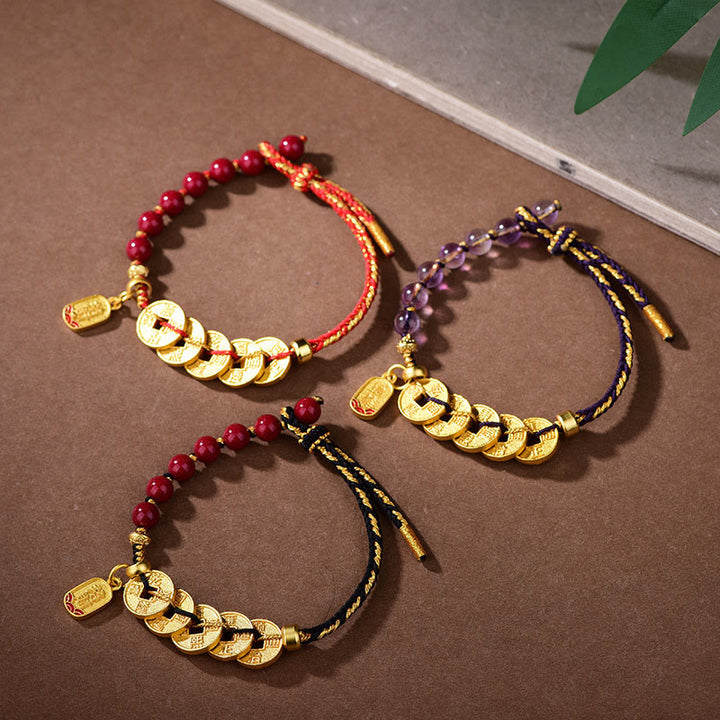 Buddha Stones五帝銭 銅 アメジスト 辰砂 黒赤紐バランス幸運繁栄引き寄せ ブレスレット - image 22