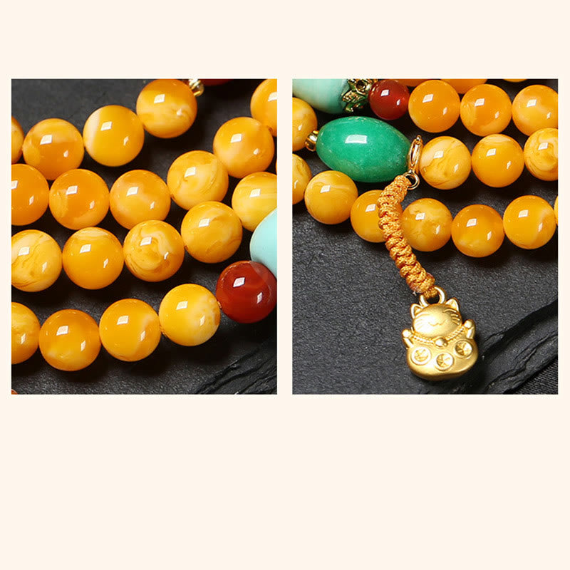 Buddha Stones 108ビーズ ピース平和のお守りチャーム招き猫キャット アンバーマーラー数珠の良い幸運の幸運繁栄 - image 9