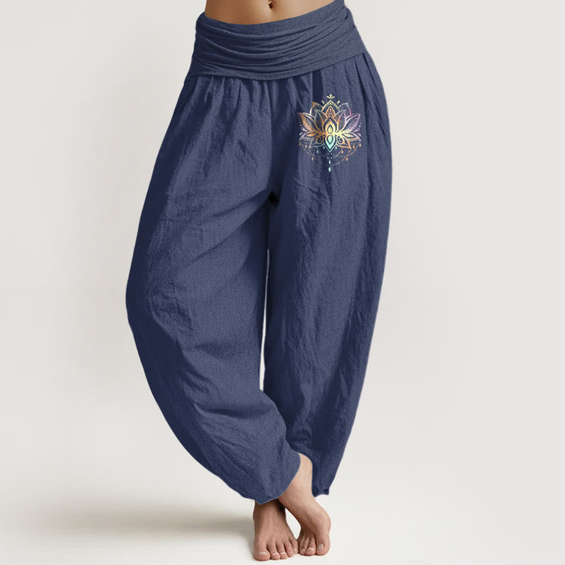 Buddha Stones純綿 虹色 蓮柄 レディース 伸縮性ウエスト ハーレムパンツ - ダークスレートブルー - US22、 UK/AU26、 EU54 (6XL) - image 0