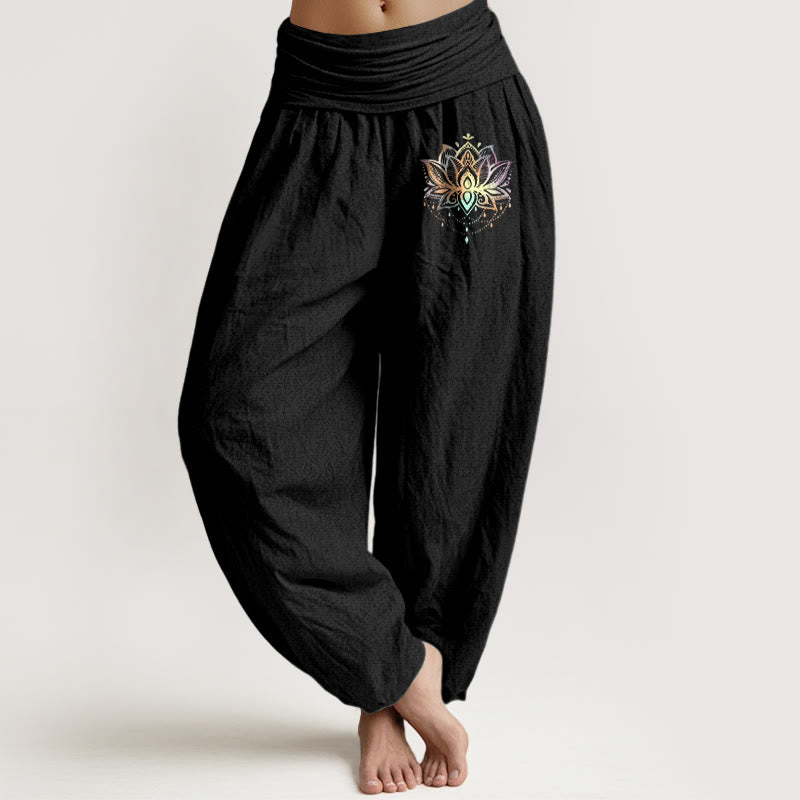 Buddha Stones純綿 虹色 蓮柄 レディース 伸縮性ウエスト ハーレムパンツ - 黒 - US22、 UK/AU26、 EU54 (6XL) - image 5