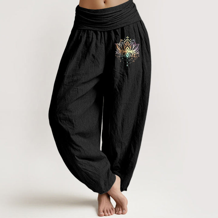 Buddha Stones純綿 虹色 蓮柄 レディース 伸縮性ウエスト ハーレムパンツ - 黒 - US22、 UK/AU26、 EU54 (6XL) - image 5