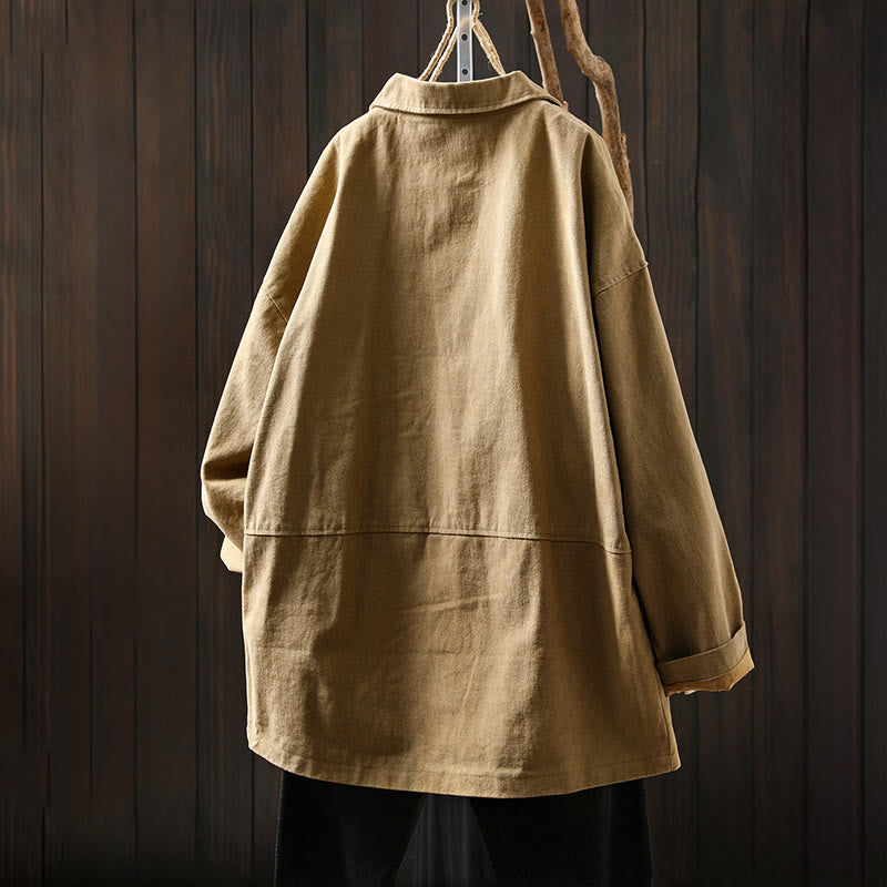 Buddha Stones春秋ボタン付きラペルカラー長袖ミドル丈コットンレディースジャケットポケット付き - image 2