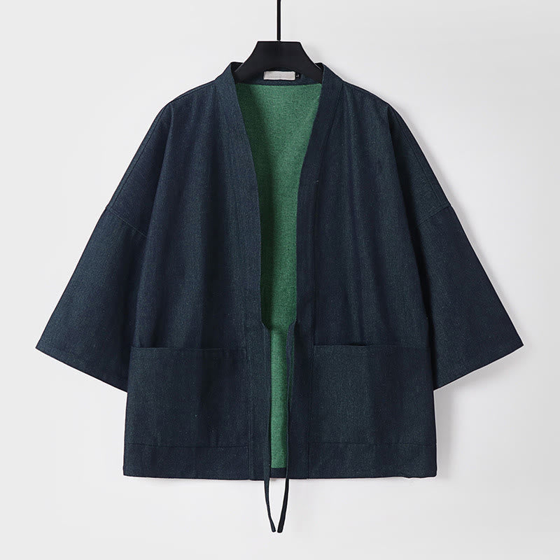 Buddha Stones無地 レースアップ オープンフロント 七分袖 ジャケット メンズ デニム コットン 着物 - 黒 - US/UK/AU54、 EU64 (9XL) - image 0