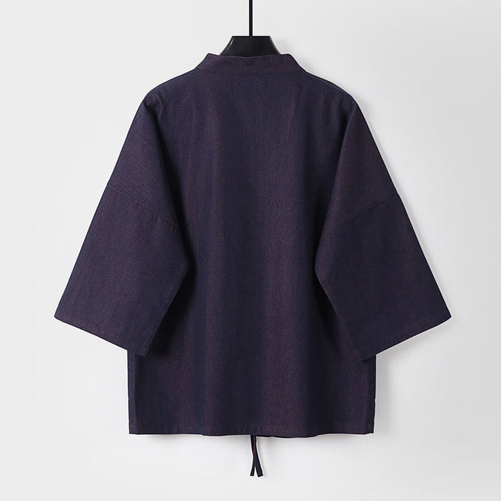 Buddha Stones無地 レースアップ オープンフロント 七分袖 ジャケット メンズ デニム コットン 着物 - image 2